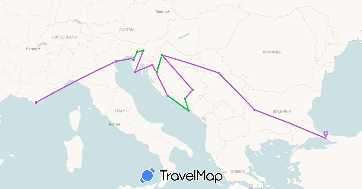 TravelMap itinerary: driving, bus, train in Bosnia and Herzegovina, Bulgaria, France, Croatia, Italy, Serbia, Slovenia, Turkey (Asia, Europe)